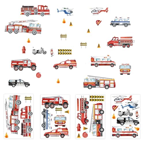 Wandtattoo Feuerwehrauto Wandaufkleber,Auto Fahrzeuge Set Kinderzimmer Jungen Selbstklebend, Schlafzimmer Spielzimmer Wand Deko von Tovbmup