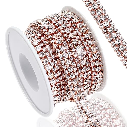 Towenm 3 Yards 3 Rows Crystal Rhinestone Chain Trim für Handwerk, Hochzeit, Dekoration - Rose Gold, Messing, Glas von Towenm