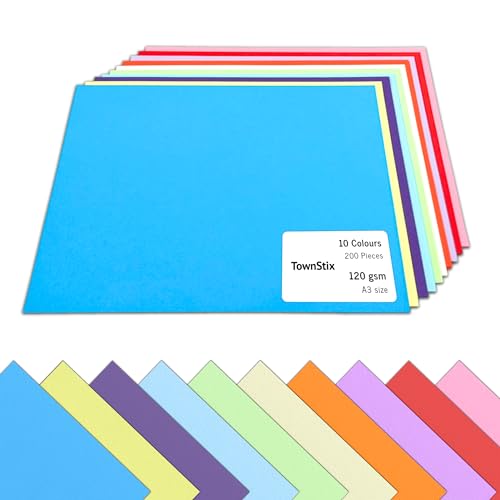200 Blatt, 120g - Tonpapier A3 Bunt, Bastelpapier Buntes Papier zum Basteln Farbiges Druckerpapier - 10 Farben von TownStix