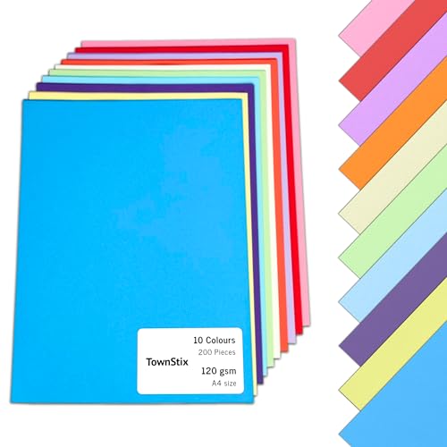 200 Blatt, 120g - Tonpapier A4 Bunt, Bastelpapier Buntes Papier zum Basteln Farbiges Druckerpapier - 10 Farben von TownStix