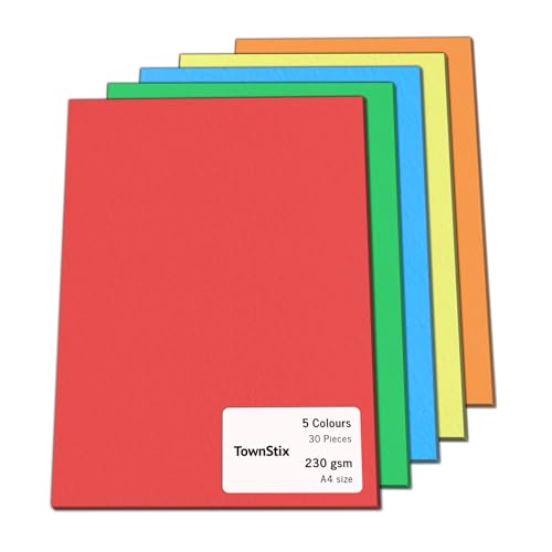 30 Stück, 230gsm - A4 Tonkarton Bastelkarton Bunt, Fotokarton Pappe zum Basteln Karton - 5 Farben 30 Stück, 230gsm - A4 Tonkarton Bastelkarton Bunt, Fotokarton Pappe zum Basteln Karton - 5 Farben von TownStix