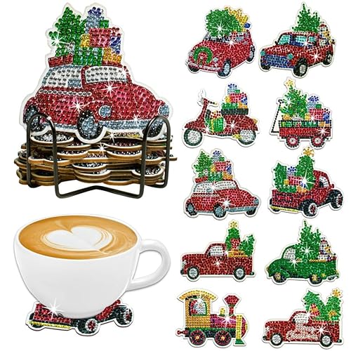 10 Stück Weihnachten Diamond Painting Untersetzer mit Halter, 5D Diamant Painting Untersetzer Malerei Kits DIY Weihnachten Untersetzer Runde Diamant Kunst Cup Drink Untersetzer (Auto) von Toyhood