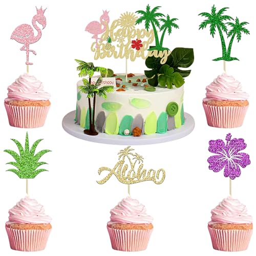11 Stück Flamingo-Kuchenaufsätze, Flamingo-Happy Birthday-Kuchenaufsätze, Sommer, hawaiianische Cupcake-Topper, Geburtstagstortendekoration für tropische Hawaii-Luau-Sommer-Strand-Mottoparty-Zubehör von Toyhood