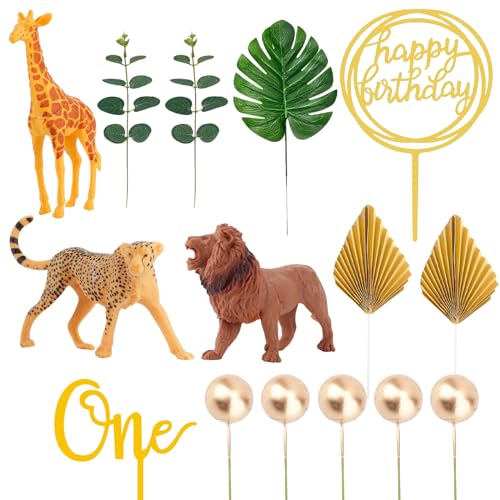 15 Stück Forest Animals Cake Decoration Toppers, Eine Geburtstagstorte Topper, Blätter, Goldene Palme, Löwe, Giraffe, Gepard, Happy Birthday Cake Decor, für Safari Wild Zoo Geburtstag Baby Shower von Toyhood
