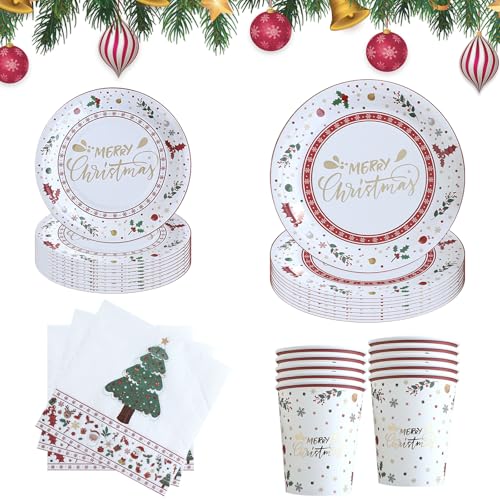 50 Stück Weihnachtsfeier-Geschirr, Weihnachtsparty-Teller, Becher und Servietten, Weihnachtsmann, Schneemann, Weihnachtspapiergeschirr-Set, Pappteller, Servietten, Becher, Set für Weihnachten von Toyhood