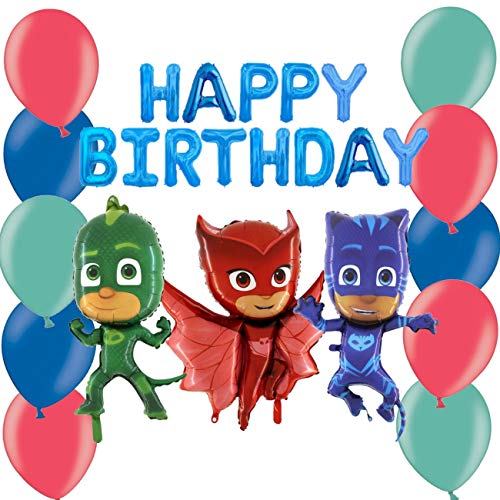 Toyland PJ Masks Balloon Pack - Enthält 16 "Blue Happy Birthday Ballon Banner, 36" Owlette Folienballon, 36 "Catboy Folienballon & 36" Gekko Folienballon & 30 12 "Latex in Rot, Blau & Grün von Toyland