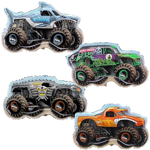 Toyland® 4er-Pack Monster Jam Truck Folienballons – Grave Digger, El Toro Loco, Max D & Megalodon Geformte Charakterballons von Toyland
