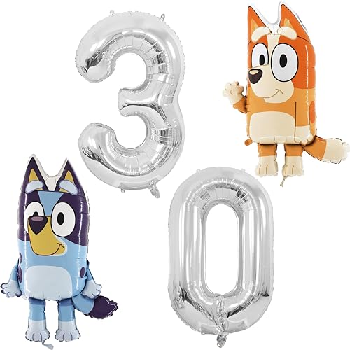 Toyland® Bluey-und-Bingo-Folienballonpaket – 2 x 81,3cm (32") Große Charakterballons und 2 x 101,6cm (40") Große Zahlenballons (30) von Toyland