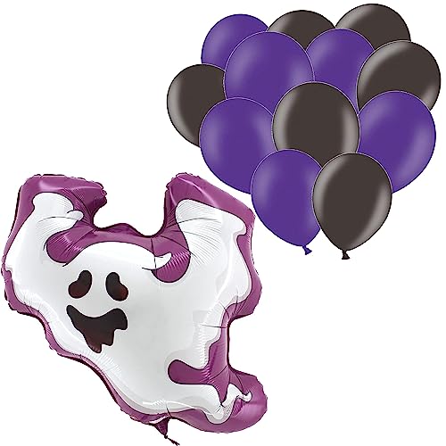 Toyland® Halloween-Ballon-Set – 1 x 23 Zoll großer Geister-Folienballon und 30 Latex-Ballons: 15 x Lila und Schwarz – gruselige Partydekorationen von Toyland