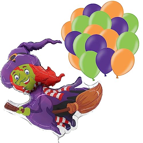 Toyland® Halloween-Ballon-Set – 1 x 28 Zoll Hexen-Folienballon und 30 Latex-Ballons: 10 x Lila, Grün und Orange – gruselige Partydekorationen von Toyland