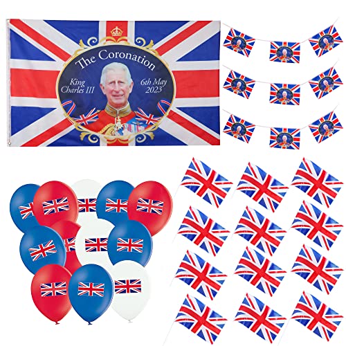 Toyland® King Charles III Coronation Party Bundle – 5 Fuß x 3 Fuß Souvenirflagge, 12 Handflaggen, 6 m Souvenir Wimpelkette & 30 Union Jack Luftballons – Britische Dekorationen von Toyland