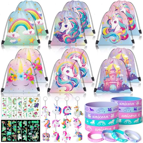 Toylink 48 Stück Einhorn Mitgebsel Kindergeburtstag Gastgeschenke für Mädchen 25*30 cm Rucksack mit Kordelzug für Kinder Silikonarmreif Tattoos Schlüsselanhänger Give Aways Kindergeburtstag von Toylink