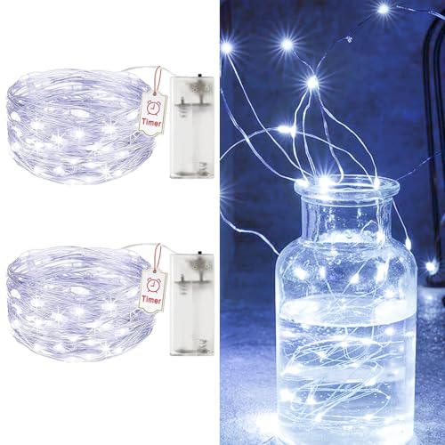 2 Stück LED Lichterkette mit Timer, 2M 20LEDs Batteriebetrieben, IP65 Wasserdicht - Moderne Deko für Hochzeit, Party, Winterzauber，Kaltweiß [Energieklasse A+++] von Toyone