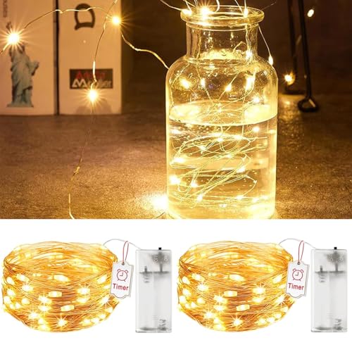 2 Stück LED Lichterkette mit Timer, 2M 20LEDs Lichterketten Batteriebetrieben, IP65 Wasserdicht, Innen/Außen Deko für Hochzeit, Schlafzimmer,Tisch, Party& Baumdekoration（Warmweiß ） von Toyone