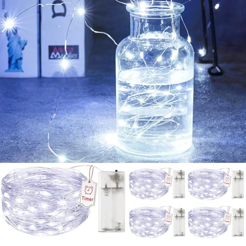 5 Stück LED Lichterkette mit Timer, 2M 20LEDs Batteriebetrieben, IP65 Wasserdicht - Moderne Deko für Hochzeit, Party, Winterzauber，Kaltweiß [Energieklasse A+++] von Toyone