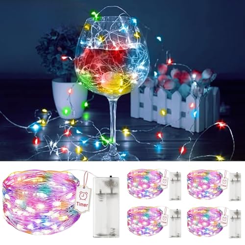 5 Stück LED Lichterkette mit Timer, 2M 20LEDs Farbige Lichterketten Batteriebetrieben, IP65 Wasserdicht, Innen/Außen Lichterkette für Weihnachten, Schlafzimmer, Party, Hochzeit, Baumdekoration von Toyone