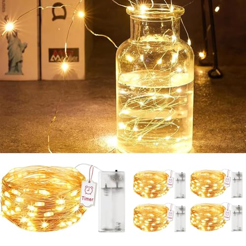 5 Stück LED Lichterkette mit Timer, 2M 20LEDs Lichterketten Batteriebetrieben, IP65 Wasserdicht, Innen/Außen Deko für Hochzeit, Schlafzimmer,Tisch, Party& Baumdekoration（Warmweiß ） von Toyone