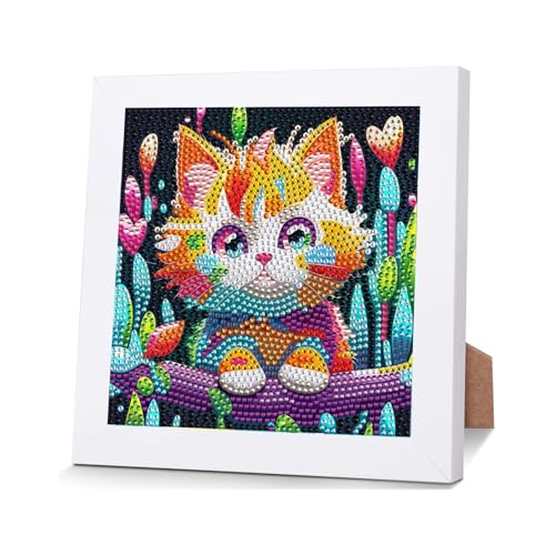 Toyone Diamond Painting Kinder Katze, 5D Diamant Painting Set mit Rahmen, Diamant Painting Bilder Kinder ab 6 7 8 9 10 Jahren, DIY Malen nach Zahlen für Mädchen und Jungen,Geschenk (18x18 cm) von Toyone