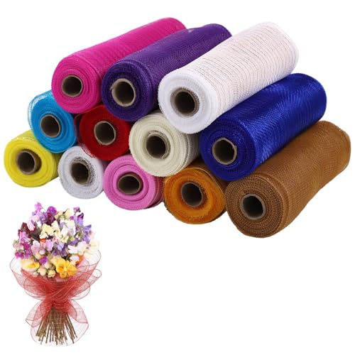 Deko-Mesh-Bänder, 9 m x 25,9 cm, Metallfolie, Poly-Mesh, verschiedene Farben, flexibles Wickelnetz für Kranzherstellung, Handwerk, Party-Dekorationen, 12 Rollen von Toyosport