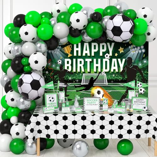 124PCS Fußball Deko Geburtstag Fußball Party Deko mit Fußball Hintergrund Tischdecke Ballon-Girlande Folienballons für Kinder Jungen Erwachsener Fussball Kindergeburtstag Party Dekoration von Toyssa