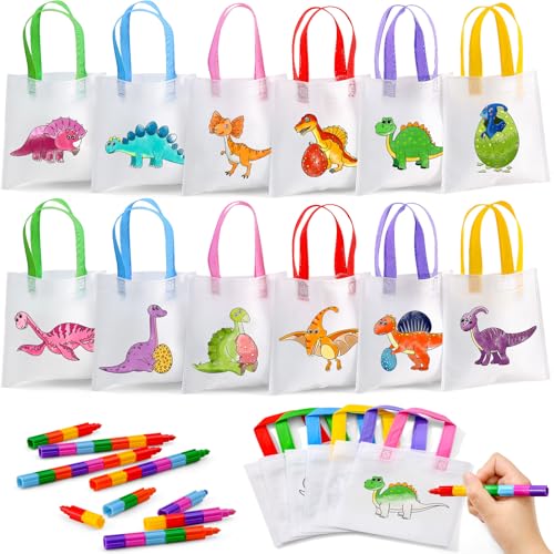 12Stk. Dinosaurier Taschen zum Bemalen Vliesbeutel Stoffbeutel zum Bemalen für Kinder mit Stapelbar Wachsmalstifte Geschenktüten Mitgebsel Gastgeschenk Kindergeburtstag Taschen Malset Bastelset Kinder von Toyssa