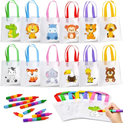 12Stk. Tier Taschen zum Bemalen Vliesbeutel Stoffbeutel zum Bemalen für Kinder mit Stapelbar Wachsmalstifte Geschenktüten Mitgebsel Gastgeschenk Kindergeburtstag Taschen Malset Bastelset Kinder von Toyssa