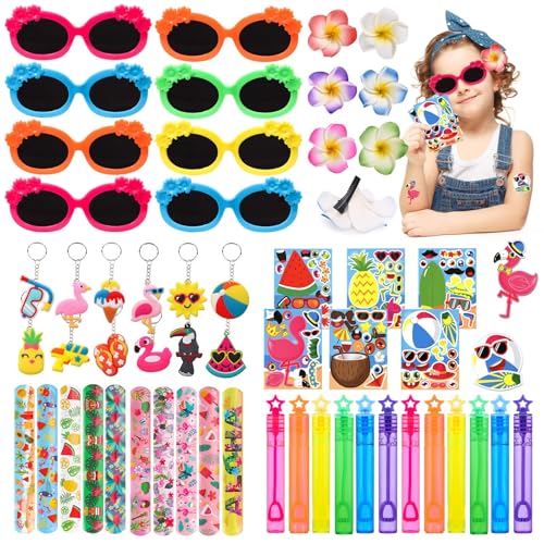 72Pcs Hawaii Party Mitgebsel Kindergeburtstag Mini Seifenblasen Sonnenbrille Haarspangen Schnapparmband Schlüsselanhänger Aufklebern Tropischen Garten Sommer Party Deko Hawaiian Luau Gastgeschenke von Toyssa