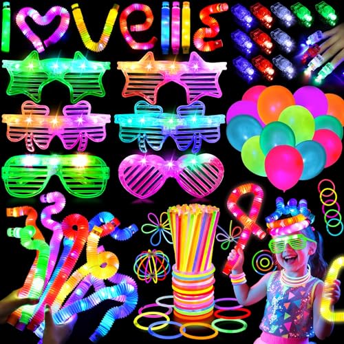 Toyssa Knicklichter Party Mitgebsel Kindergeburtstag Gastgeschenke mit LED Brille Leuchtstäbe Pop Tubes Neon Luftballons, Schwarzlicht Disco Pinata Füllung Give Aways Mitbringsel 80s 90s Party Deko von Toyssa
