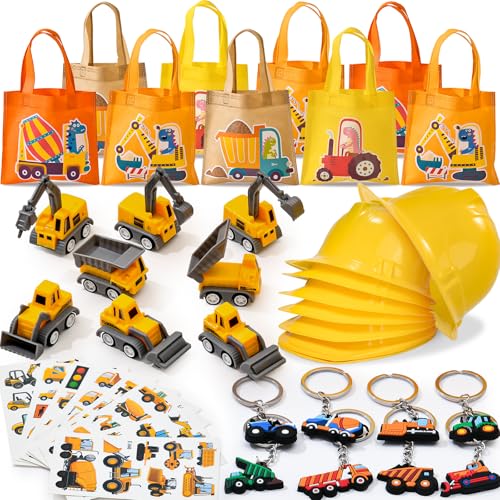 Toyssa Baustellen Party Mitgebsel Kindergeburtstag mit Construction Partyhüte Tragetaschen Bagger Schlüsselanhänger Tattoo Lastwagen Spielzeug Autos Set für Junge Bau Kindergeburtstag Geschenk von Toyssa