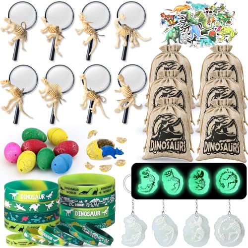 Toyssa Dino Mitgebsel Kindergeburtstag Jungs mit Lupe Kordelzugbeutel Leuchtende Schlüsselanhänger Dino Eier Skeleton, Dinosaurier Piñata Füllung Give Aways Mitbringsel für Jungen Kinder von Toyssa