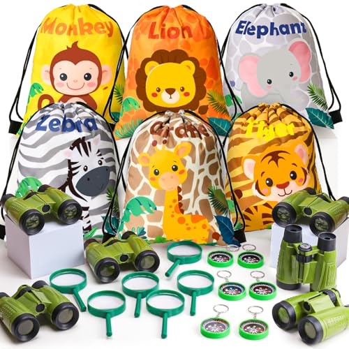 Toyssa Dschungel Tiere Party Mitgebsel Kindergeburtstag Gastgeschenke mit Turnbeutel Fernglas Lupe Kompass, Jungle Give Aways Mitbringsel Kindergeburtstag für Kinder Jungen Mädchen von Toyssa