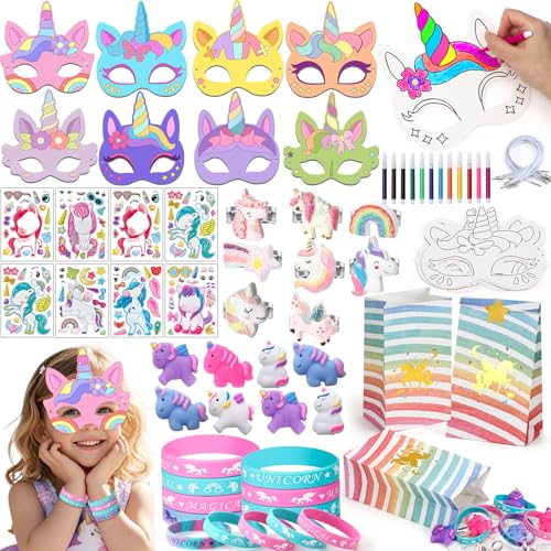 Toyssa Einhorn Give Aways Kindergeburtstag Gastgeschenke Masken zum Bemalen Kinder Mitgebsel Kindergeburtstag Silikonarmband Squishy Aufkleber Ring Pinata Geburtstag Kinder Mädchen von Toyssa