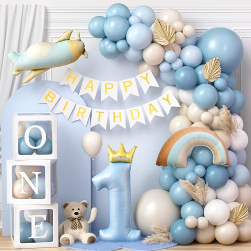 Toyssa Geburtstagsdeko 1 Jahr Junge Blau, Deko 1. Geburtstag Junge mit Ballonbox Folienballons Happy Birthday Girlande, Luftballon Girlande Blau für Erster Geburtstag Kinder von Toyssa