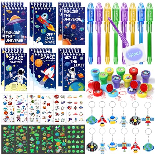 Toyssa Space Mitgebsel Kindergeburtstag Gastgeschenke Weltraum Mitbringsel Kindergeburtstag UV Stift Notizbuch Stempel Schlüsselanhänger Leuchttattoos Give Aways Pinata Füllung Junge Kinder von Toyssa