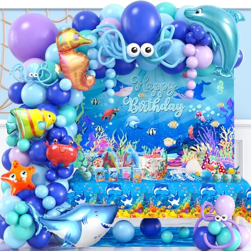 Toyssa Unterwasserwelt Geburtstagsdeko Party Deko, 136 Stück Meerestiere Deko Folienballons Hintergrund Tischdecke Blau Luftballon Girlande, Ozean Kindergeburtstag Dekoration für Mädchen Jungen Kinder von Toyssa