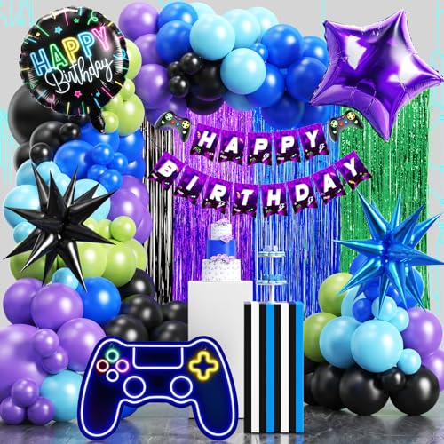 Toyssa Videospiel Geburtstagsdeko Kinder Gaming Party Deko Geburtstag mit Luftballons Blau Lila Lametta Vorhänge Folienballon Banner Ballon Girlande Gamer Gaming Party Dekoration für Kinder Jungen von Toyssa