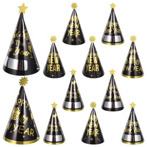 Toyvian 2024 Neujahrs-Partyhüte Schwarz-Goldene Kegelpapierhüte Partyhüte Silvester-Partykegelhüte Goldschwarze Geburtstagshüte Geburtstagsparty-Dekorationen Zubehör 12 Stück von Toyvian