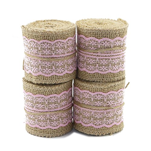 Toyvian Juteband Sackleinen Band mit Spitze Tischläufer für DIY Handwerk Vintage Hochzeit Weihnachten Deko 6x200cm 4 Stück (Rosa) von Toyvian