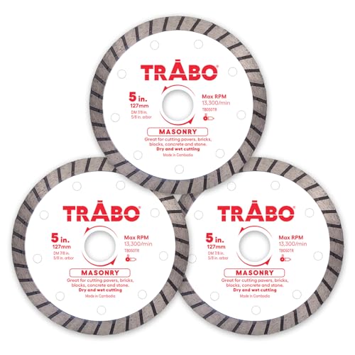 Trabo 12,7 cm, 3 Stück, Mauerwerk, Turbo-Felge, Diamant-Metallbindungsklinge zum Schneiden von Zement, Pflastersteinen, Beton mit Bewehrung, Naturstein und mehr, mit 7/8 Zoll Dorn mit 5/8 Zoll von Trabo