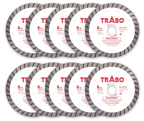 Trabo 12,7 cm 10 Stück Mauerwerk Turbo Rim Diamant-Metallbindungsmesser zum Schneiden von Zement, Pflastersteinen, Beton mit Bewehrung, Naturstein und mehr, mit 7/8 Zoll Dorn mit 5/8 Zoll Reduzierring Trabo 12,7 cm 10 Stück Mauerwerk Turbo Rim Diamant-Metallbindungsmesser zum Schneiden von Zement, Pflastersteinen, Beton mit Bewehrung, Naturstein und mehr, mit 7/8 Zoll Dorn mit 5/8 Zoll Reduzierring von Trabo