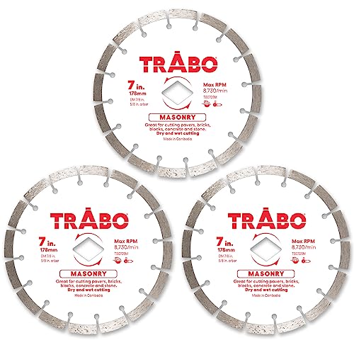 Trabo Diamant-Bond-Klinge für Mauerwerk, segmentierte Felge, 17,8 cm, 3 Stück, zum Schneiden von Zement, Pflastersteinen, Beton mit Bewehrung, Naturstein und mehr, mit 7/8-Zoll-Dorn mit 5/8 Trabo Diamant-Bond-Klinge für Mauerwerk, segmentierte Felge, 17,8 cm, 3 Stück, zum Schneiden von Zement, Pflastersteinen, Beton mit Bewehrung, Naturstein und mehr, mit 7/8-Zoll-Dorn mit 5/8 von Trabo
