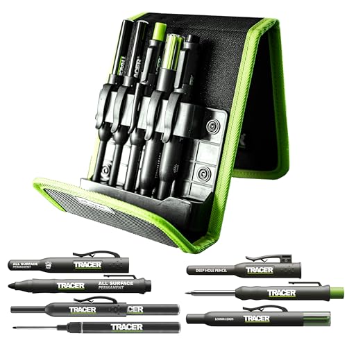 Tracer 5-teiliges Konstruktionsmarker-Set mit Aufbewahrungskoffer – Zimmermannsbleistift, 2 x Marker mit langer Spitze, verstopfungsfreier Marker und Ersatzminenspender Tracer 5-teiliges Konstruktionsmarker-Set mit Aufbewahrungskoffer – Zimmermannsbleistift, 2 x Marker mit langer Spitze, verstopfungsfreier Marker und Ersatzminenspender von Tracer