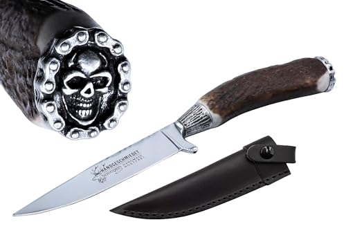 Messer Jagdmesser Skull Totenkopf echt versilbert Hirschhorn Trachtenmesser Jagd Hirschfänger Wild Bock Jagdnicker für Lederhose Biker Jäger Jagd Stahl-Klinge Hirsch, Farbe:Skull C von Trachten Mayr