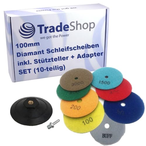 Trade-Shop 10in1 SET: Ø100mm Polierscheibe (8 Stück) + Stützteller mit M14 Adapter für Naturstein, Beton, Granit, Keramik, Fliesen, Marmor von Trade-Shop