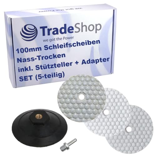 Trade-Shop 5in1 SET: 100mm Polierscheibe (3 Stück) + Stützteller mit M14 Adapter für Naturstein, Beton, Granit, Keramik, Marmor - NASS-TROCKEN von Trade-Shop