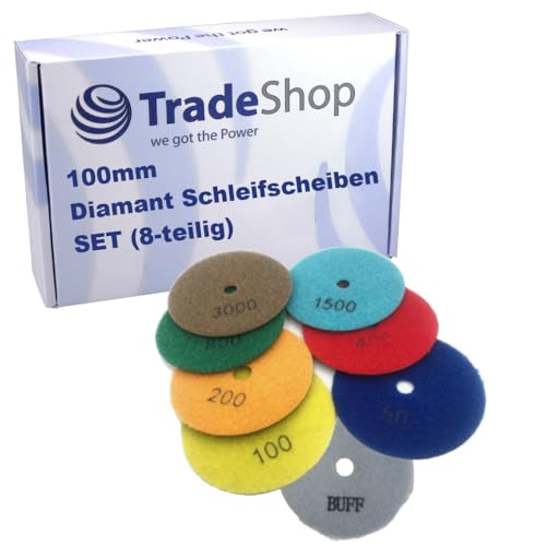 Trade-Shop 8-teiliges SET 100mm M14 Schleifscheiben Pads für Klett Schleifteller Winkelschleifer Schleifmaschine, Buff/50/100/200/400/800/1500/3000 Trade-Shop 8-teiliges SET 100mm M14 Schleifscheiben Pads für Klett Schleifteller Winkelschleifer Schleifmaschine, Buff/50/100/200/400/800/1500/3000 von Trade-Shop