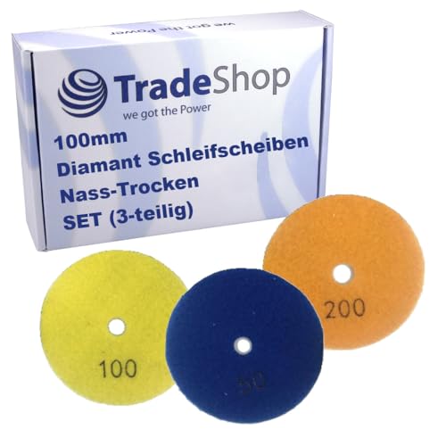 Trade-Shop SET (3-teilig): Ø100mm Nass-Trocken Schleifscheiben/Polierscheiben/Polierpads M14 - Körnung #50, #100, #200 von Trade-Shop
