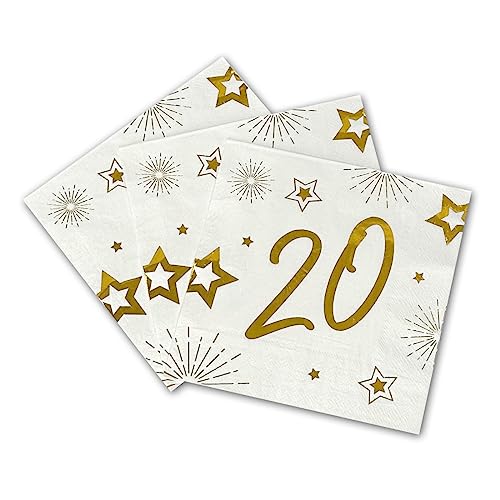 Tralala Fêtes® 16 Servietten für Geburtstag - Einweg-Papierservietten 3-lagig - Festliche Dekoration Weiß & Gold (Gold) - 33 x 33 cm aufgeklappt (20 Jahre) von Tralala Fêtes
