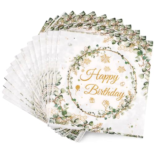 TranRantic 50 Stück Happy birthday Servietten Geburtstag, Servietten Eukalyptus Dekoration, Verfeinert Gold Grün Servietten Kindergeburtstag, Tischdeko Geburtstag für Partys Geburtstage Feiern von TranRantic
