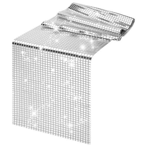 TranRantic Disco Party Tischläufer, 30x275cm Silber Discokugel Tischdecke, Glitter Table Runner für 70er 80er Jahre Disco Thema Party, Paillette Tischläufer für Tanzparty Geburtstag Hochzeit Deko von TranRantic